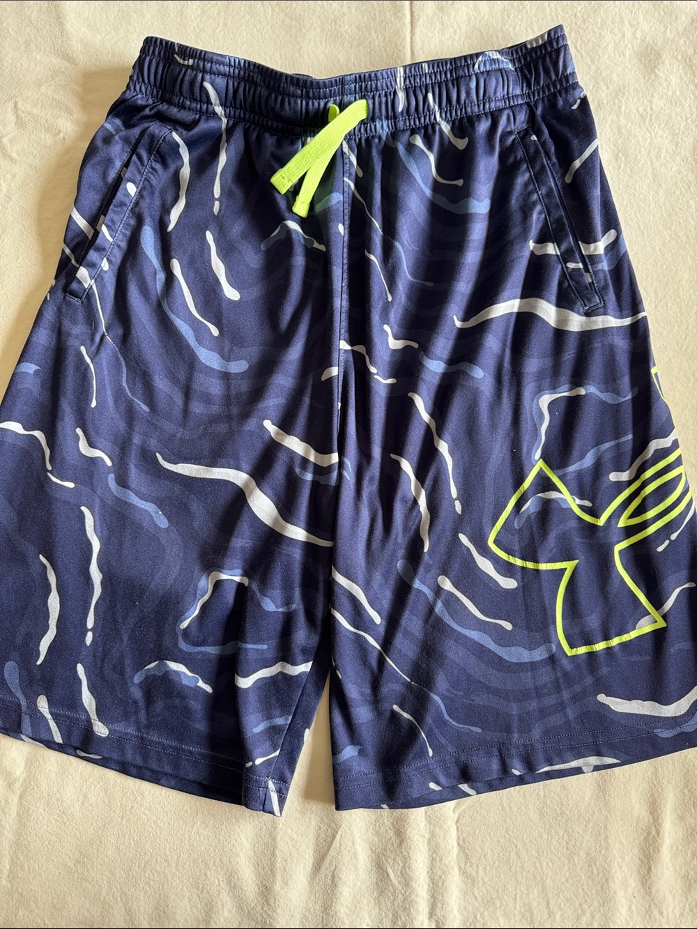 Under Armour Navy Wave-Print Athletic Shorts with Neon Yellow Drawstring